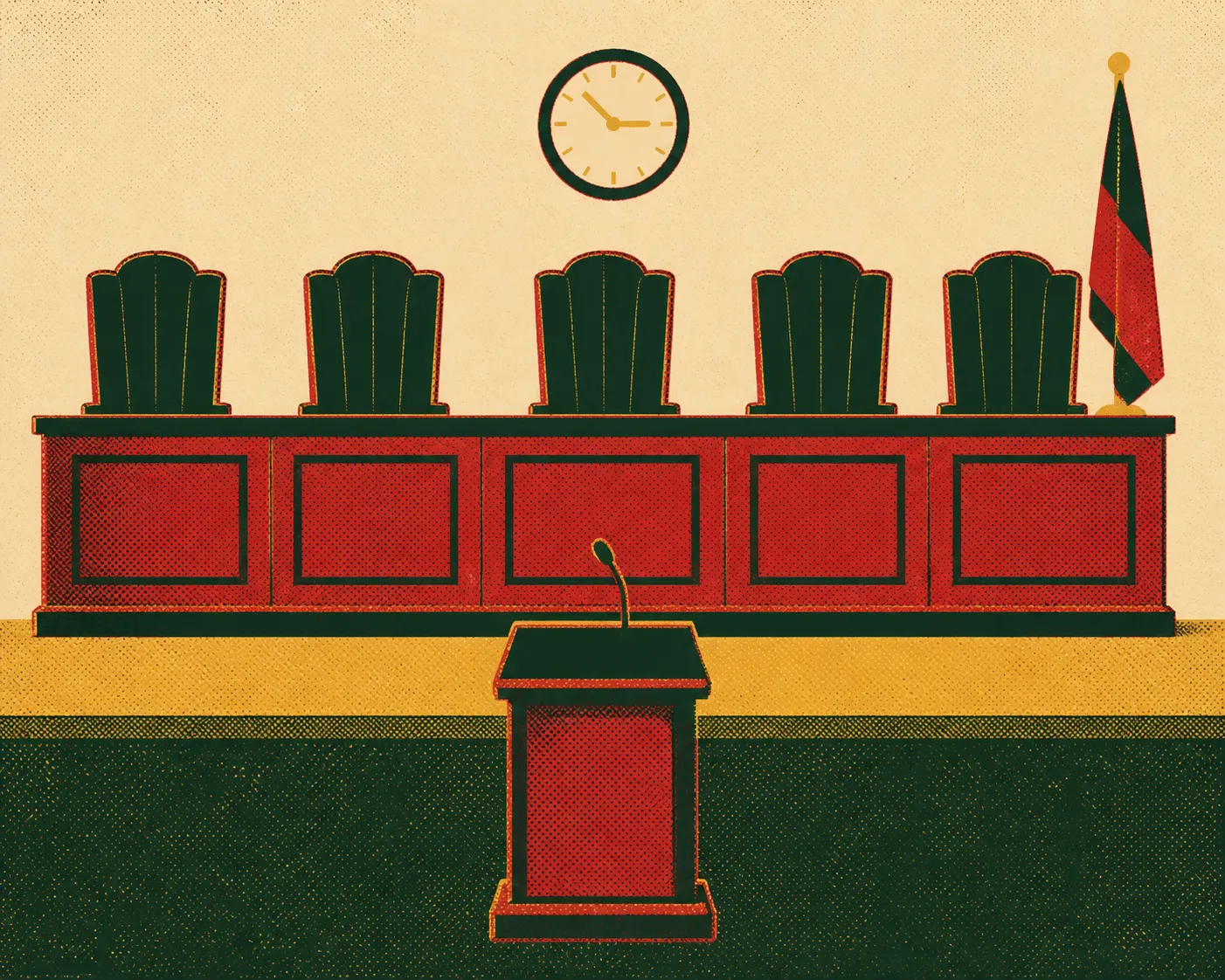 An empty commission chamber: five oversized chairs behind a tall dais, facing one small lectern.
