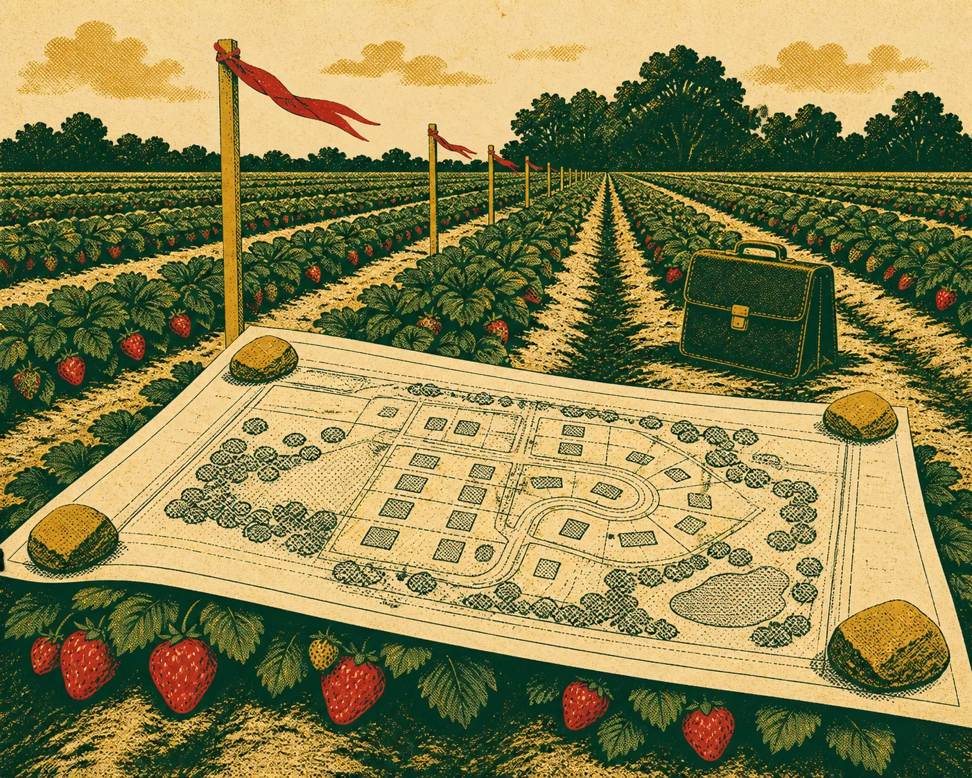 A site plan unrolled across a strawberry bed, with survey stakes driven through the crop rows.