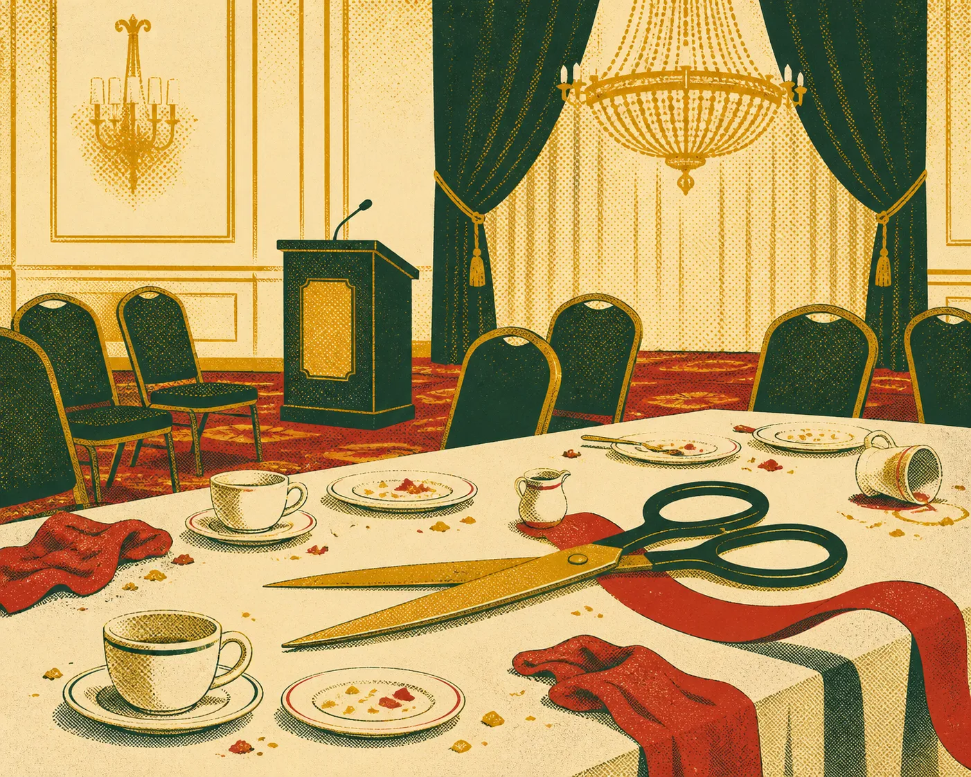 A banquet room after the luncheon: used plates, a lectern, and giant ceremonial ribbon-cutting scissors.