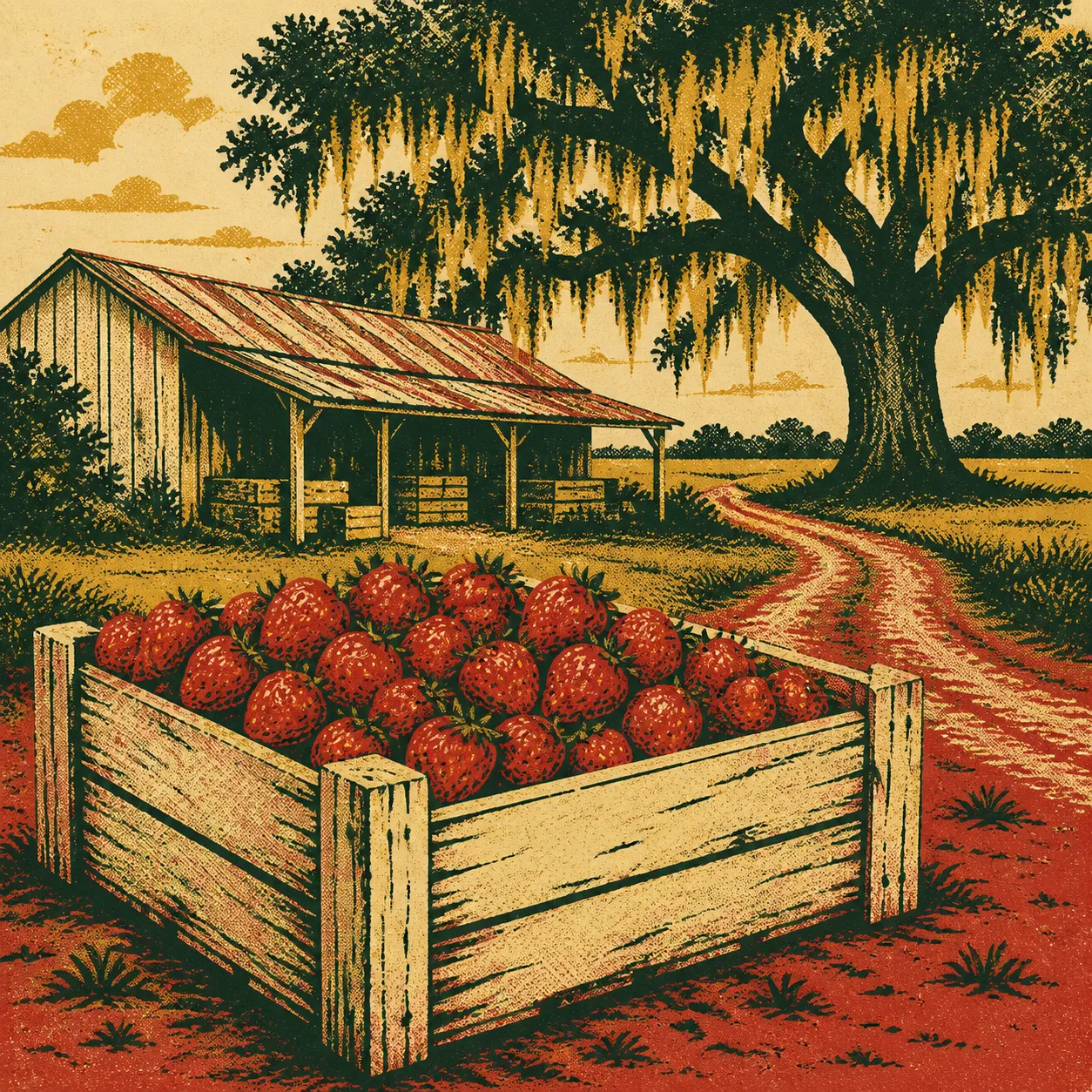 A weathered crate of hand-picked strawberries beside an old packing shed and a mossy live oak.